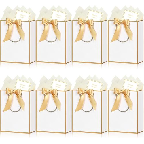 Sac Cadeau Papier - 8 Pochette Cadeau Anniversaire Moyen, Sachet Cadeaux Grand Format 8 Cartes 10 Mouchoirs, Gift Bag Elégantes Pour Femme Fille Saint-Valentin Fêtes Noël Mariage (Blanc D'or)