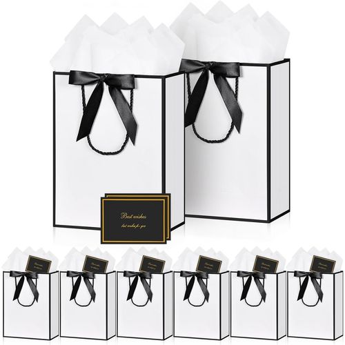 Sac Cadeau Papier - 8 Pochette Cadeau Anniversaire Moyen, Sachet Cadeaux Grand Format 8 Cartes 10 Mouchoirs, Gift Bag Elégantes Pour Femme Fille Saint-Valentin Fêtes Noël Mariage (Blanc Noir)