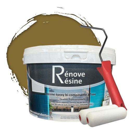Peinture Résine multisupport Intérieur pour Faïence, Carrelage, Douche, Baignoire 5m² - RAL 8000 Brun vert + Kit d'application OFFERT