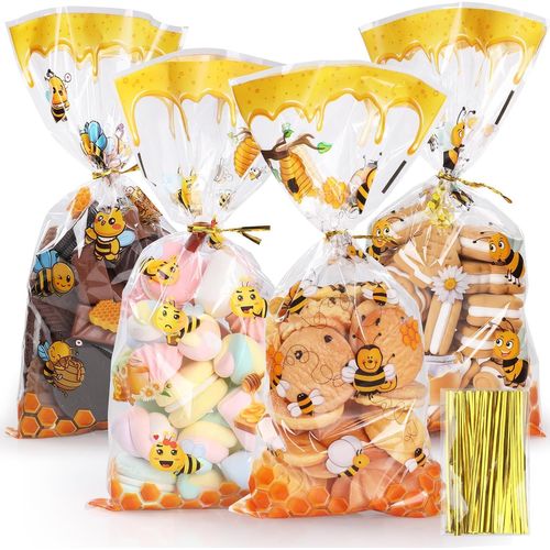 100 Pièces Sachet Plastique Sac D'emballage De Bonbons De Petite Abeille, 4 Modèles Sachet Bonbons Sachets Transparents Pour Biscuits Pochette Avec Cravates Torsadées Pour Les, 27 X 12,5 Cm