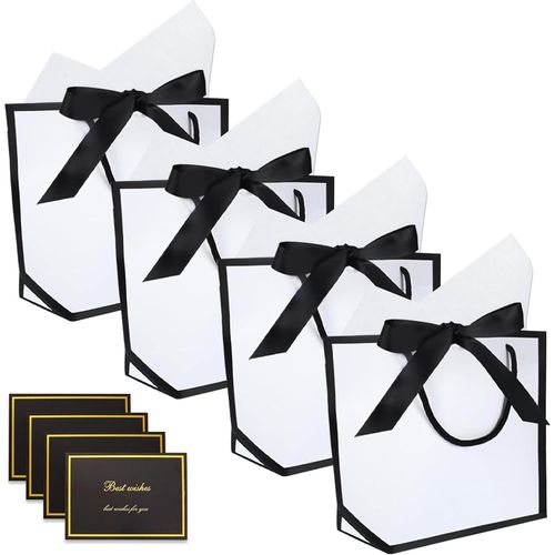 Sac Emballage Cadeau Avec Ruban, 4 Pcs Sacs Cadeaux, 19 X 9 X 20 Cm Sachet Cadeau Pour Femmes, Filles Et Anniversaires Pochette Cadeau Avec 4 Rubans Noeuds 4 Papiers De Soie 4 Cartes Et Poignée