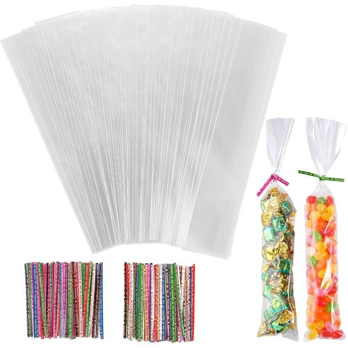 200 Pièces Sachet Plastique Transparent,Sachet Bonbon Avec Ruban,Sachets Transparents Pour Biscuits,Sachet Cellophane Pour Biscuits,Mariage, Bonbons,Pochette Cadeau Noel