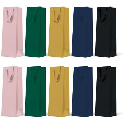 Sacs cadeaux 37 x 12 x 10 cm - Lot de 10 sacs pour bouteille de vin avec anse en tissu | Mélange de 5 couleurs unies | Sacs élégants pour vin, champagne, anniversaires, mariages, fêtes et