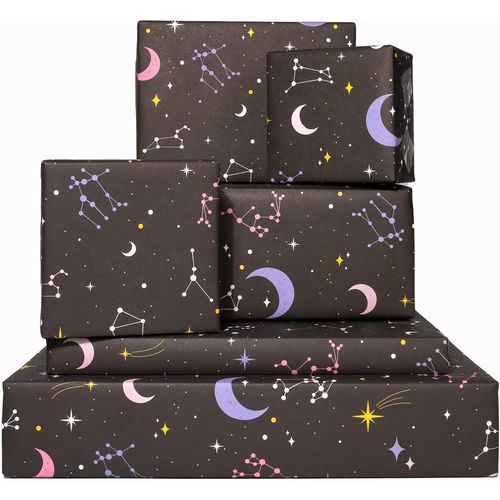 Papier Cadeau Noir 70 X 50 Cm - 6x Feuilles De Papier Cadeau - Lune, Étoiles, Constellations - Pour Fille, Garçon, Femme, Homme - Emballage Cadeau Pour Anniversaire