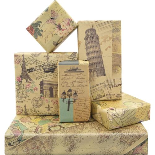 Papier Emballage Cadeau Vintage Français Paris Tour Eiffel Arc De Triomphe Tour Penchée De Pise Vélo Papillon Rose Cartes Voyageur 6 Feuilles 6 Motifs Pour Anniversaire De Mariage, 50 X 70 Cm