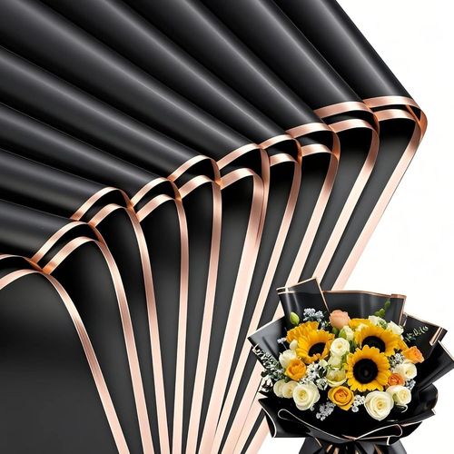 Papier Fleuriste Professionnel Avec Bordure Rose Doré - Lot De 20 Feuilles Imperméables Pour Emballage Bouquets De Fleurs, Décoration Mariage Et Cadeaux Floraux (Noir, Bordure En Or Rose)