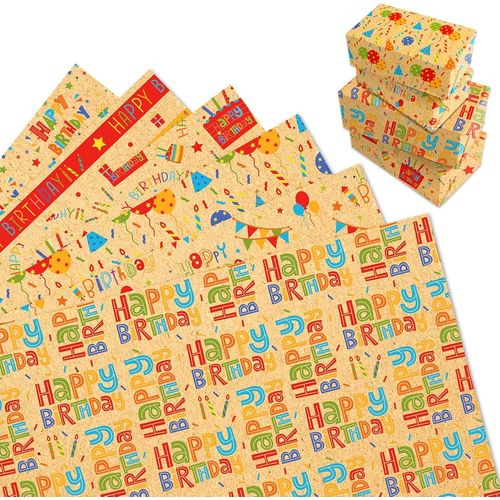 12 Feuilles Papier Cadeau Anniversaire, Emballage Cadeau Joyeux Anniversaire, Papier Kraft Marron Pour Garçons, Filles, Hommes Et Femmes, Emballage Cadeau Fête 68cm X 50cm