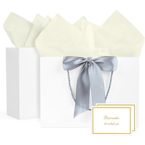 Pochette Cadeau Papier - 2 Pièces Sac Emballage Cadeaux Grand Format Avec Anse, Gift Bag Paquet Xxl Luxe Avec Noeud + 2 Cartes + 4 Mouchoirs Pour Fête D'anniversaire, Mariage (Blanc-Gris)