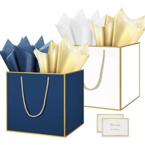 Grand Sac Cadeau, 11.8"" Bleu Blanc Papier Emballage Cadeau Anniversaire, Carré Pochette Cadeau Ggrand Format Enfant 30 * 30 * 30cm Avec 1 Cartes 1 Mouchoirs Pour Fête D'anniversaire 2 Pièces