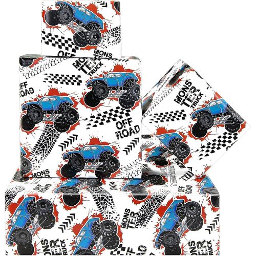 Buggy Des Dunes Bleu Véhicules Horsrroute Camion Monstre De Voiture De Course Papier Cadeau, 4 Feuilles 50 X 70 Cm Par Feuille Emballage Cadeau Pour Fête D'anniversaire Des Petits Garçons Filles-Générique