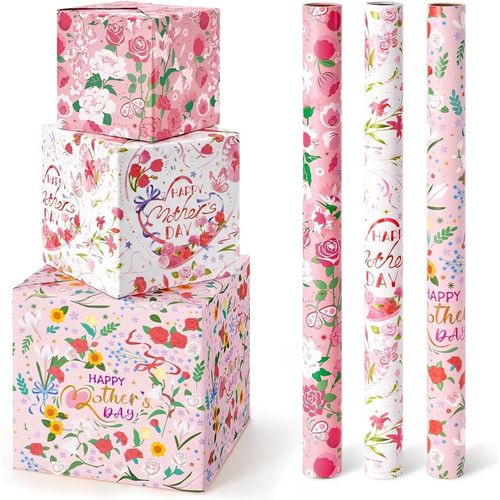 Rouleaux De Papier Cadeau Pour La Fête Des Mères - 3 Rouleaux De Papier Cadeau Pour La Fête Des Mères Cadeaux De Fête Des Mères À Fleurs Roses Pour Femmes Avec Ligne De Découpe 43 Cm X 3 M