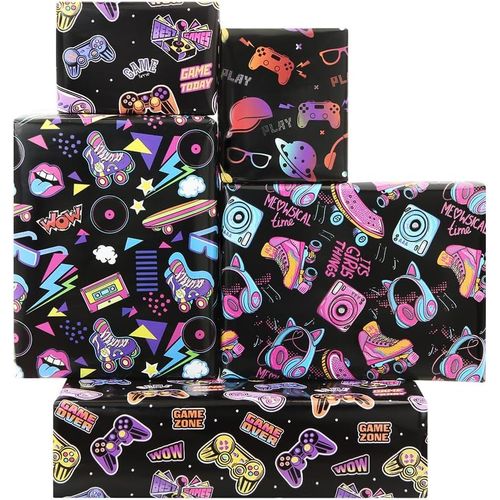 80 90 Papier Cadeau pour Enfants Garçons Filles, Papier Cadeau Anniversaire de Musique électronique Jeu Vidéo Graffiti Hip-hop, 4 Feuilles 50 x 70 cm pour Fête Anniversaire Rétro Nnéon de Années 90 80