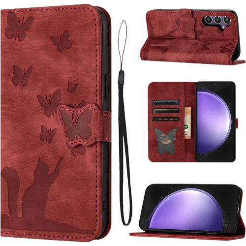 Kal-Étui De Protection À Rabat Pour Samsung Galaxy S24 Fe 6,7"" 5g - Fonction Support S24 Fe - Avec Compartiments Pour Cartes - En Cuir - Motif Chat Et Papillon - Rouge