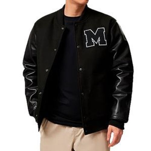 Blouson Bombers Original Universitaire Mercedes Amg | Blouson Aviateur En Cuir F1 | Veste De Sport Automobile Pour Homme | Veste En Cuir Et Laine Noire | Veste De Course Pour Lui