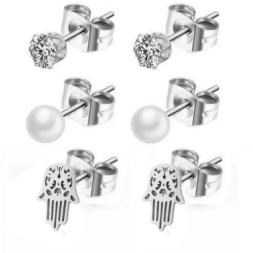 Lot 3 Paires Boucles D'Oreilles Femme Acier Inoxydable Argenté Main De Fatma, Perles, Solitaires