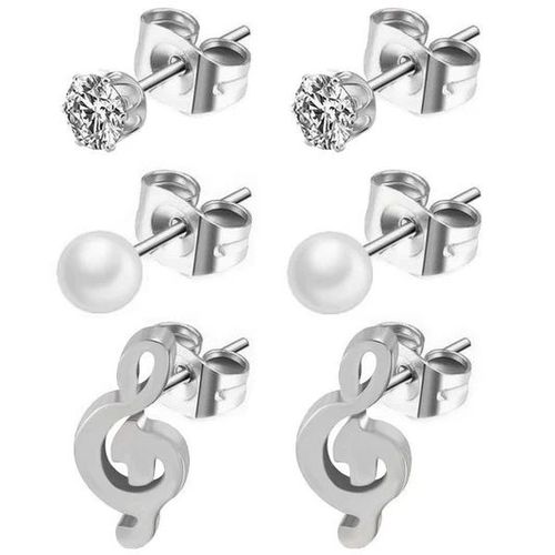 Lot 3 Paires Boucles D'Oreilles Femme Acier Inoxydable Argenté Clé De Sol, Perles, Solitaires