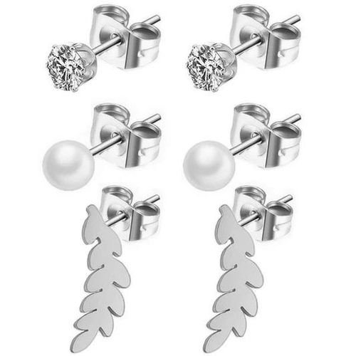Lot 3 Paires Boucles D'Oreilles Femme Acier Inoxydable Argenté Feuilles, Perles, Solitaires
