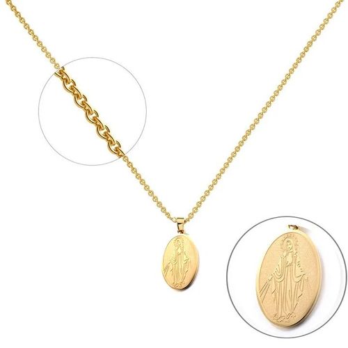 Collier Femme Acier Inoxydable Doré Médaille Vierge Marie Ovale Chaîne 45 Cm