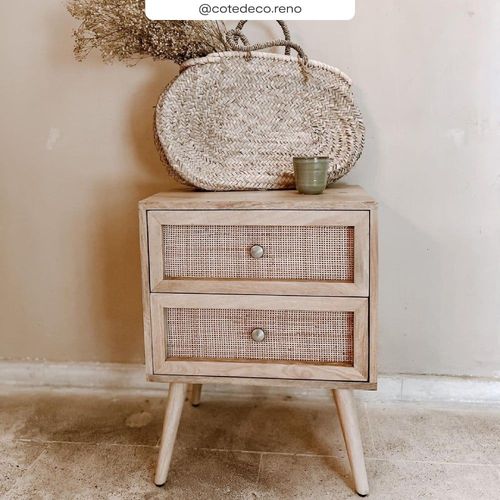 Table De Chevet 2 Tiroirs En Cannage Et Bois De Manguier