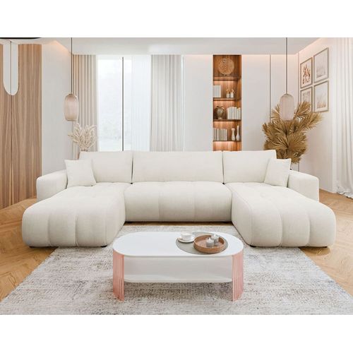 Canapé Panoramique 7 Places En U En Tissu Beige