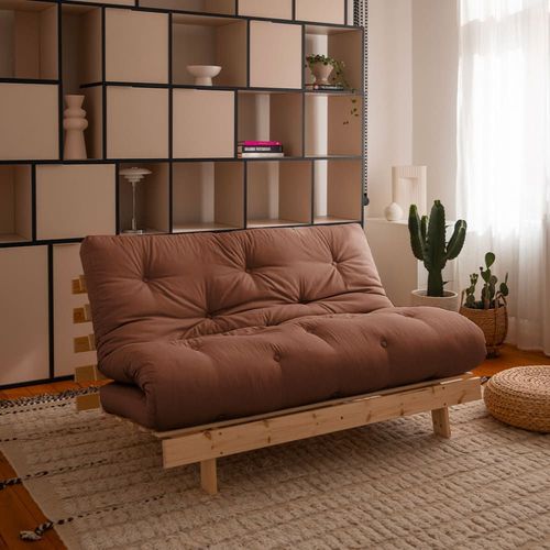 Canapé Convertible En Bois Et Tissu 2 Places - Marron Argile