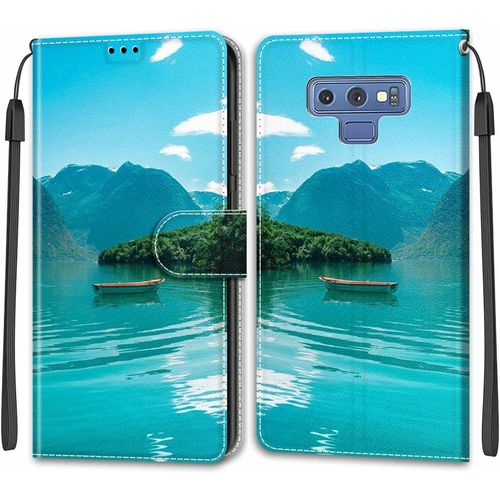 Kal-Compatible Galaxy Note 9 Coque De Téléphone, Etui Premium Housse En Cuir Pochette Protection Portefeuille Rabat Clapet Case Porte Carte Antichoc Cover (Bateau)