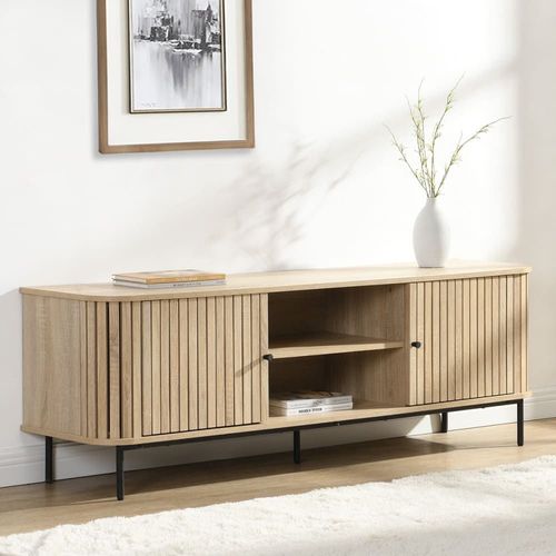 Meuble Tv 2 Portes Rainurées Couleur Chêne L160xh55 Cm