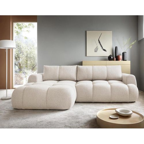 Canapé D'angle Gauche Convertible 4 Places En Tissu Bouclette Beige