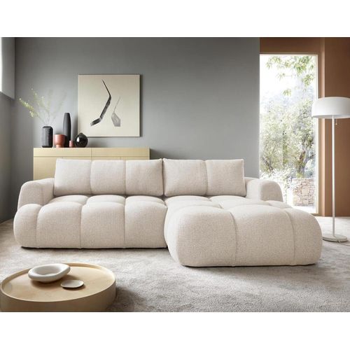 Canapé D'angle Droit Convertible 4 Places En Tissu Bouclette Beige