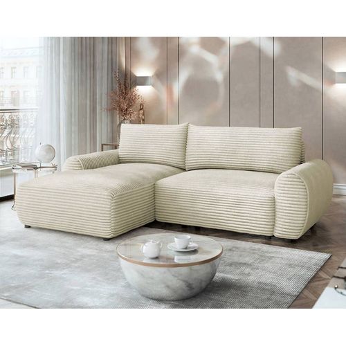 Canapé D'angle Gauche Convertible 4 Places En Velours Côtelé Beige