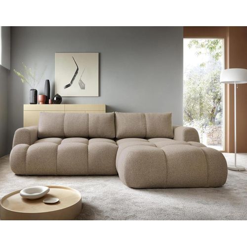 Canapé D'angle Droit Convertible 4 Places En Tissu Bouclette Marron