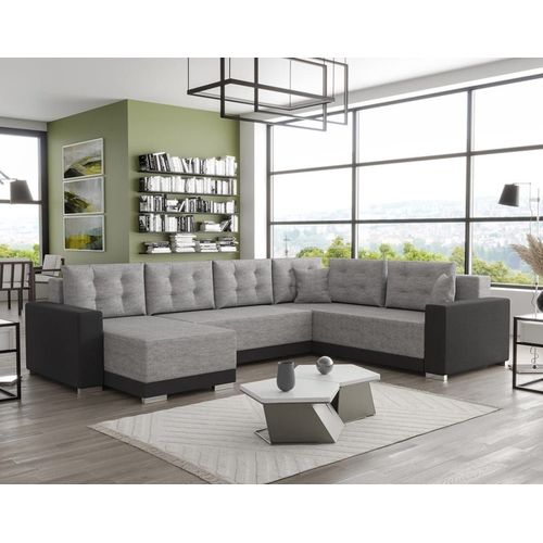 Canapé D'angle Réversible Convertible 7 Places En Tissu Gris / Noir