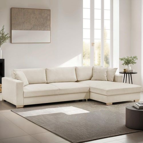 Canapé D'angle À Droite Convertible 5 Places En Tissu Chenille Beige