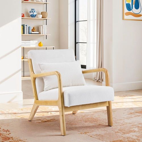 Fauteuil En Bois Et Velours Côtelé Beige