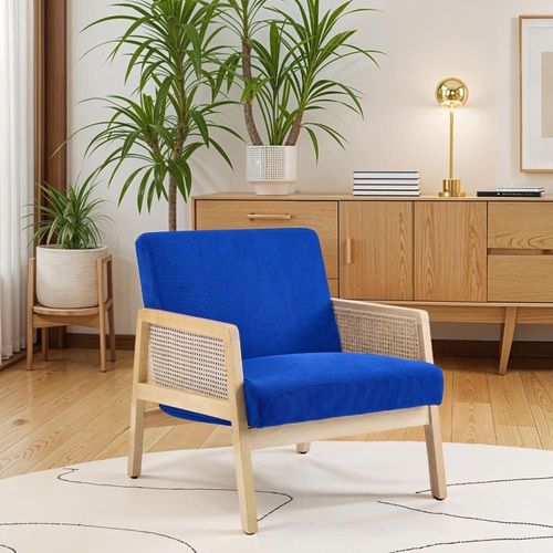 Fauteuil En Cannage Et Velours Côtelé Bleu Électrique