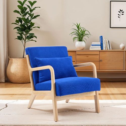 Fauteuil En Bois Et Velours Côtelé Bleu Électrique