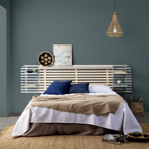 Tête De Lit En Lattes De Bois Blanchi / Gris 240 Cm Chevets Intégrés