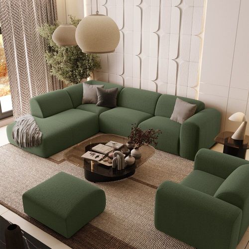 Canapé Grand Angle Gauche 5 Places Tissu Tramé Vert Olive