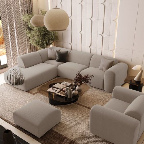 Canapé Grand Angle Gauche 5 Places Tissu Tramé Beige
