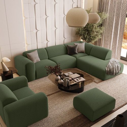 Canapé Grand Angle Droit 5 Places Tissu Tramé Vert Olive