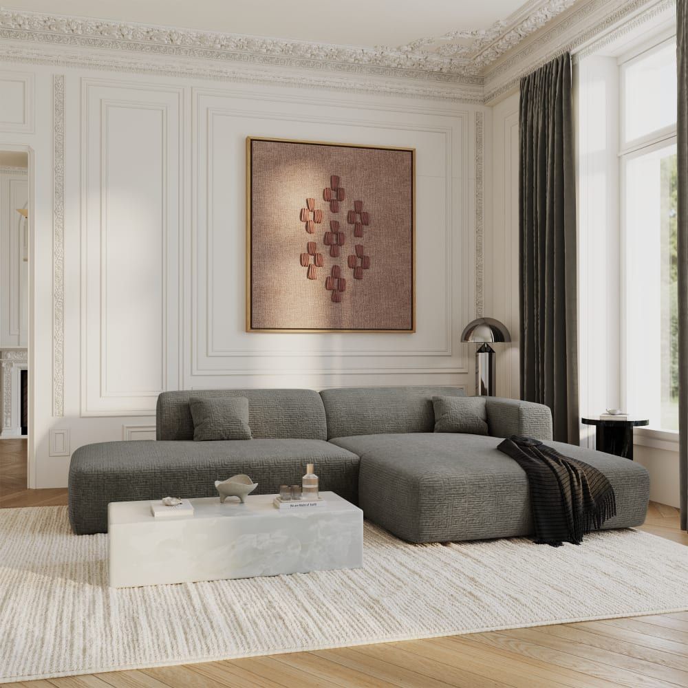 Canapé Angle Droit Ouvert Velours À Motifs Gris 5 Places
