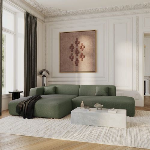 Canapé Angle Gauche Ouvert Tissu Tramé Vert Olive 5 Places