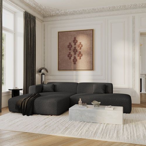 Canapé Angle Gauche Ouvert Tissu Bouclette Anthracite Foncé 5 Places