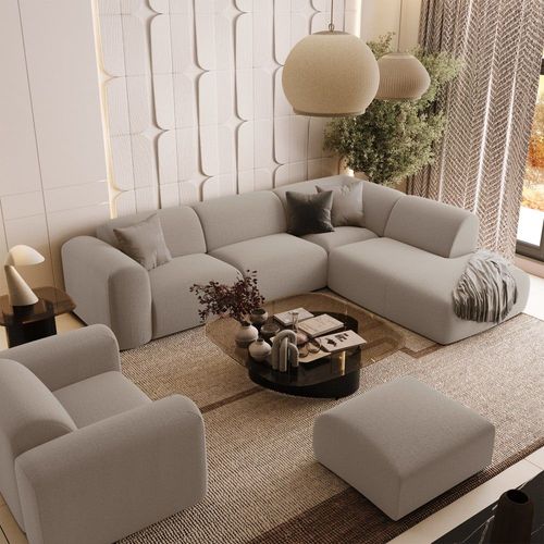 Canapé Grand Angle Droit 5 Places Tissu Tramé Beige