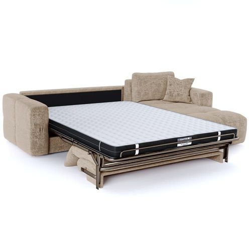 Canapé D'angle Droit Convertible Express 5 Places Velours Gaufré Beige