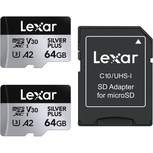 Silver Plus Lot de 2 Cartes Micro SD 64 Go,jusqu'à 205 Mo/s de Lecture,100 Mo/s en écriture,Carte mémoire Micro SD avec Adaptateur,UHS-I,A2,U3,V30,Classe 10,4K UHD microSDXC