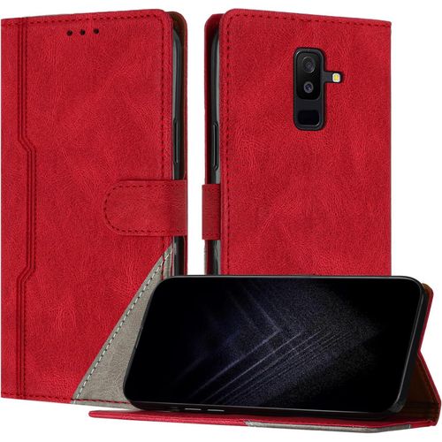 Kalanka-Étui Pour Samsung Galaxy A6 Plus 2018, Housse En Cuir Pu Avec [Protection Antichoc Tpu] [Fonction Support] [Porte-Cartes ] Antichoc Magnétique Coque Pour Galaxy A6 Plus 2018 - Rouge