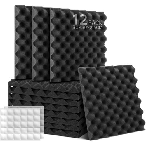 KALANKA-Lot de 12 panneaux de Mousse Acoustique Autocollants, Mousse Anti-bruit Panneau Acoustique haute densité isolant phonique, pour Podcasting, Studios d'enregistrement, plafonds 30×30×2,5 cm