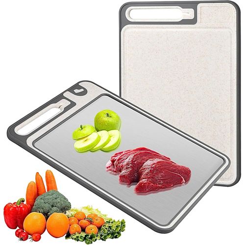 Kalanka-Planche A Decouper Inox (36,5 X 25 Cm), Planche À Découper Double Face, Avec Fente Pour Couteau Et Fente Pour Jus, Stainless Steel Chopping Board, Planche À Découper De Cuisine