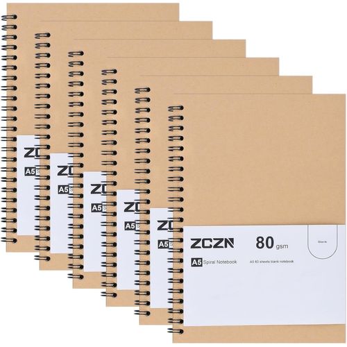 Eryi-A5 Cahier À Spirale Kraft 60 Feuillets Par Bloc, Lot Of 6 Blocs Carnet De Notes À Spirale Reliure Double Spirale, 80 G/M², Bloc Note Carnet Dessin, 120 Pages Blanche